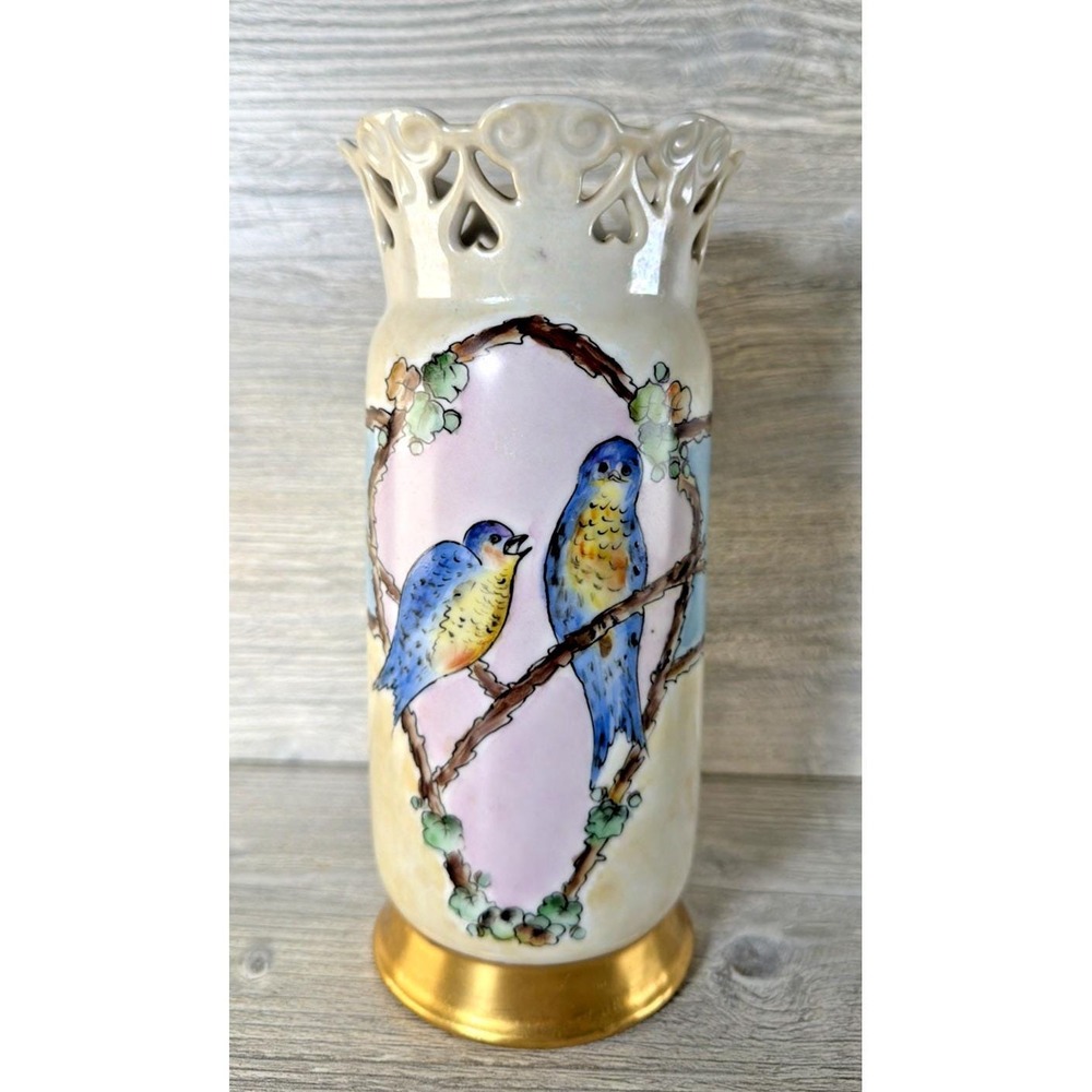 Antique 20'S Schonwald Vase PSAA Porcelain Arzberg Bavaria Blue Bird Pierced Rim